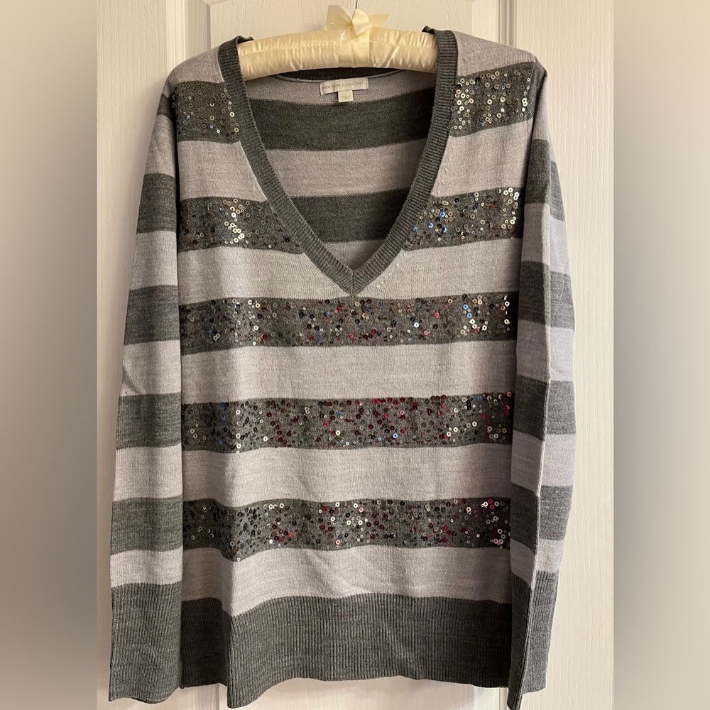 New York & Company Gray Striped Sweater with Sequins